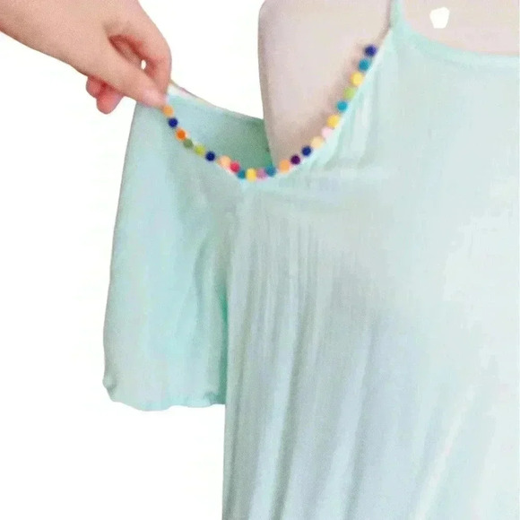 NEW Annabelle Blue Pompom Trimmed Cold Shoulder Flowy Tunic Top Blouse Sz Lg - Picture 2 of 5